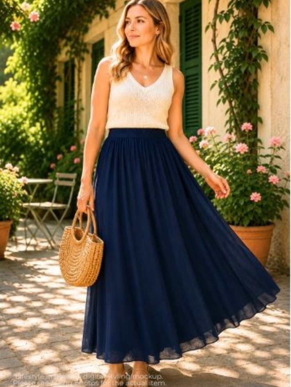 Roamans Navy Chiffon Maxi Skirt Women's 18W 2XL Lined Elastic Waist Flowy